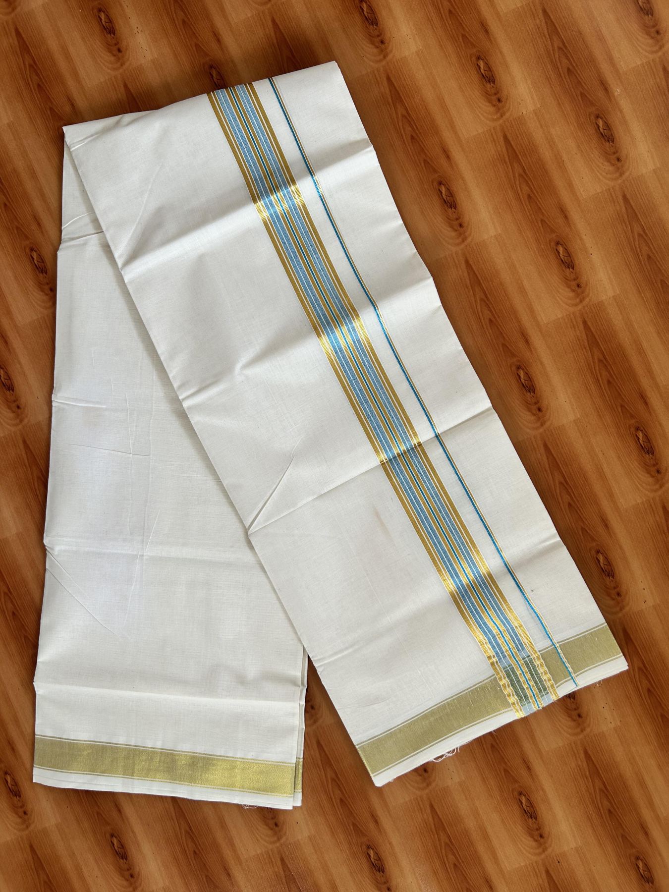 Double Off White - (Unbleached) Mundu/Dhoti - 20% Discount! KaithariKada Balaramapuram Pure Cotton - 80s - 1.5 inch Gold Kasav & Sky Blue Striped Kara - 4 mtr (8.5 Muzham) - 25 KK5416 GAN