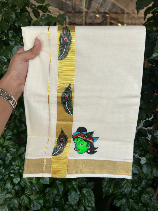 20% Discount! KaithariKada Balaramapuram 100% Cotton off white Double - (Unbleached) Mundu/Dhoti (80s) - 1.5 Inch Gold Kasavu Hand Painted Peacock Feather & Krishna - 7 KK5371 VIN