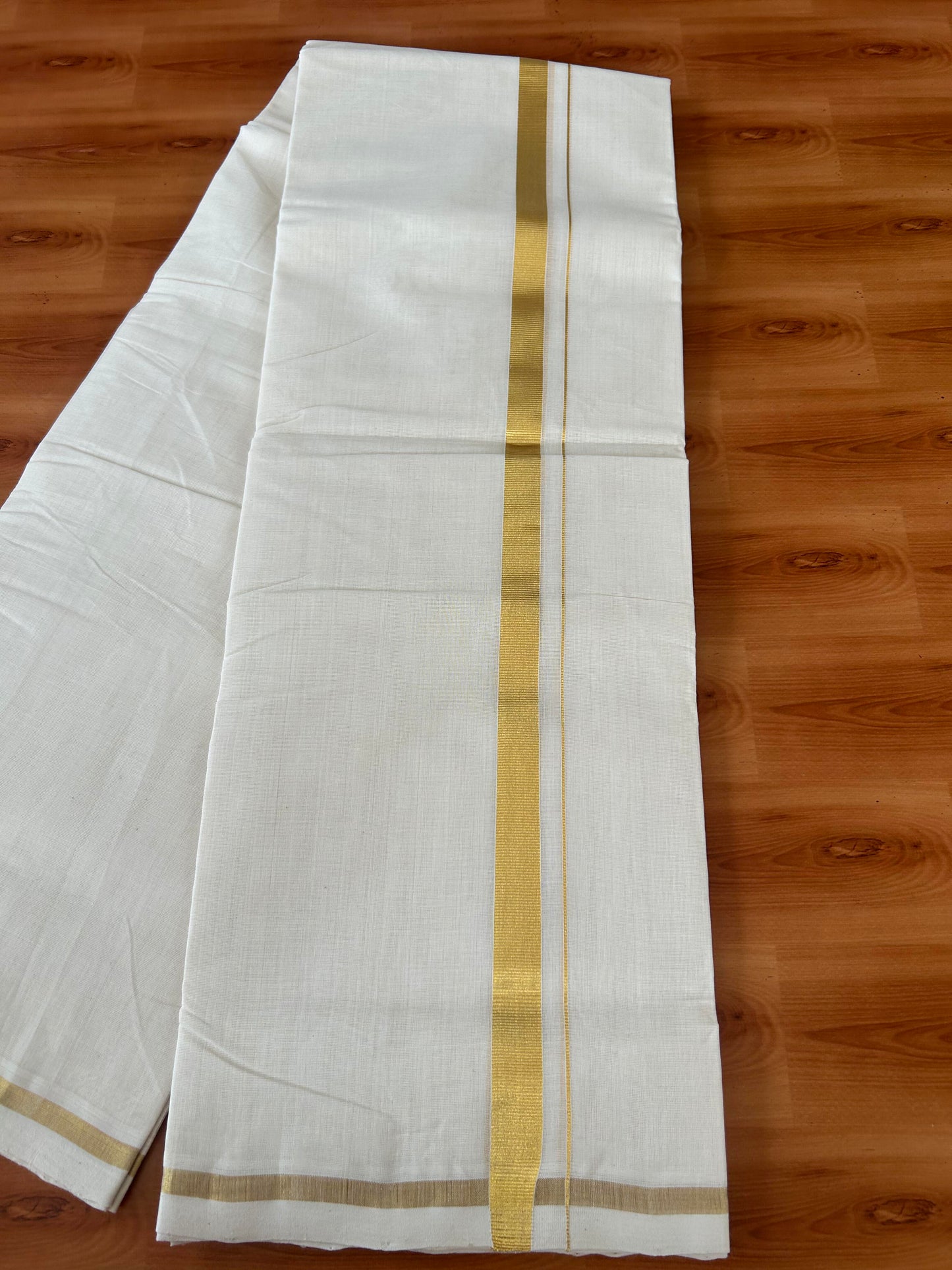 25% Discount ! KaithariKada Handloom Millpaav - Kerala Handloom - 100% Pure Cotton Off White (Unbleached) Double Mundu/Dhoti - 80x90 - 0.75 inch Gold Kara 3.60 mtr (8 Muzham) - 30 KK5386 RAM