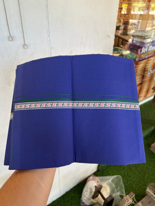 39% Discount! Kaitharikada - Pure Cotton - Single Kaily / Lungi - 0.75 inch Green & Multi colour Pattern Printed kara with Dark Royal Blue colour body (2 meter / 4 muzham) - 30 KK8035 GAN