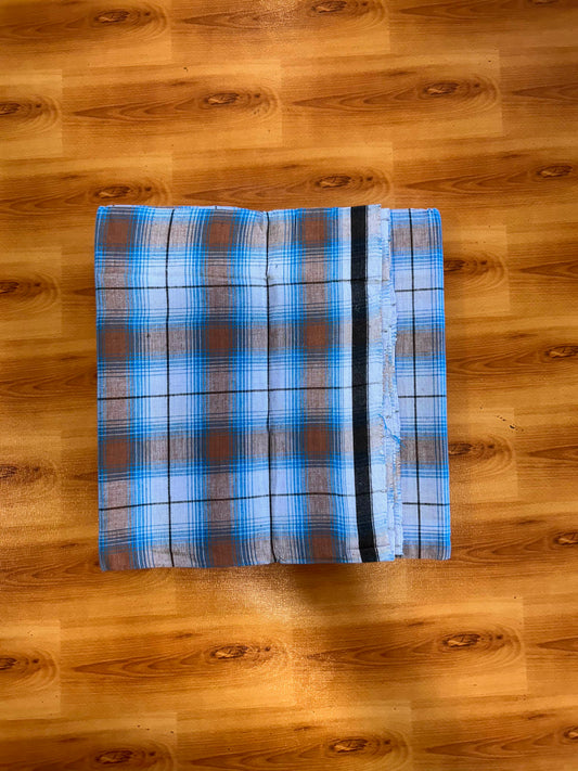 Premium Kathar Type Mund Pure cotton 40s - Kaitharikada Pulimood - Single Kaily / Lungi - 1 inch Black & White Border with Blue & Brown Check body (2 meter / 4 muzham) - 19 KK8090 MUT