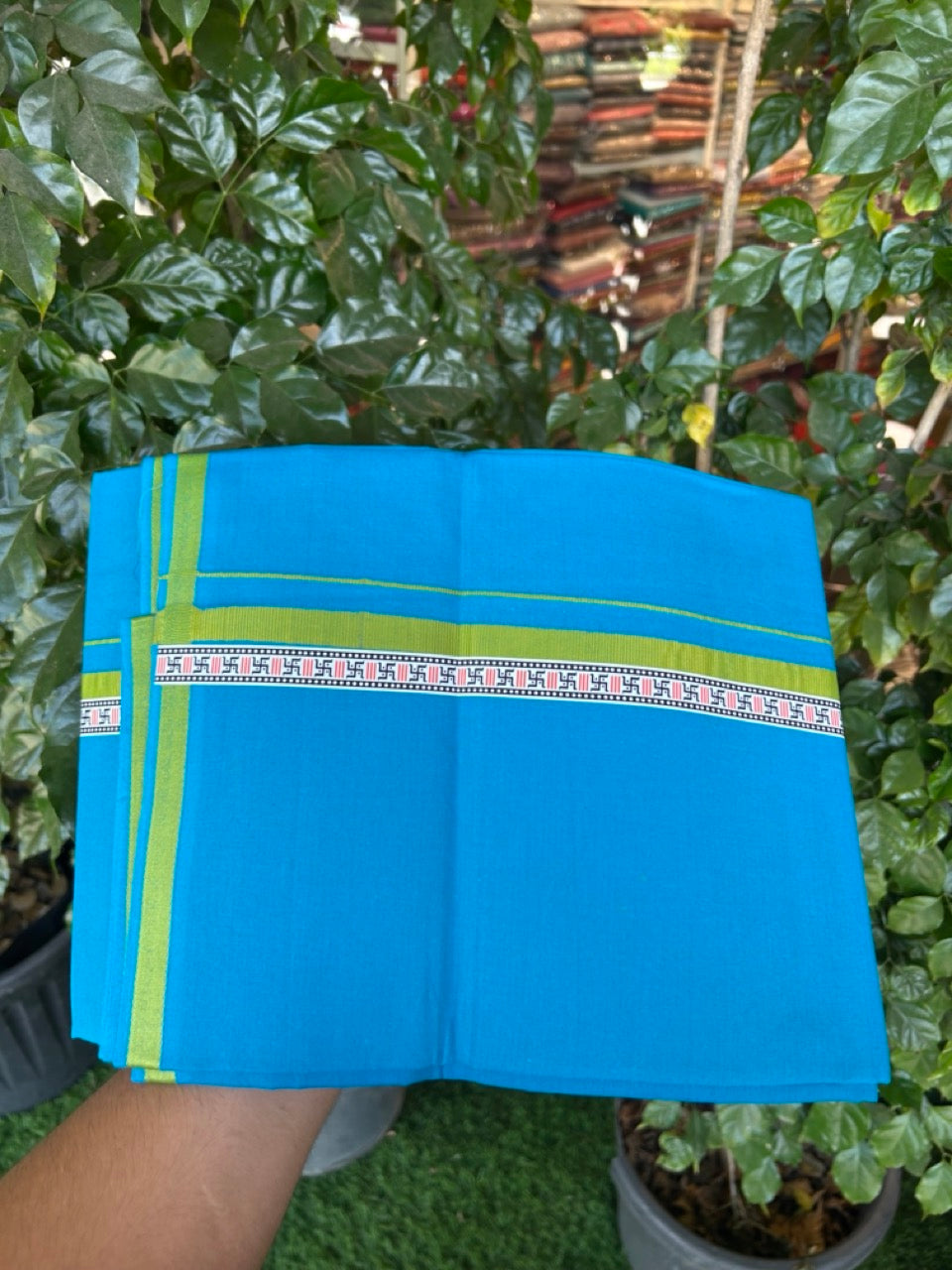 39% Discount! Kaitharikada - Pure Cotton - Single Kaily / Lungi - 1 inch Light Green & Multi colour Pattern Printed kara with Sapphire Blue colour body (2 meter / 4 muzham) - 25 KK8035 GAN