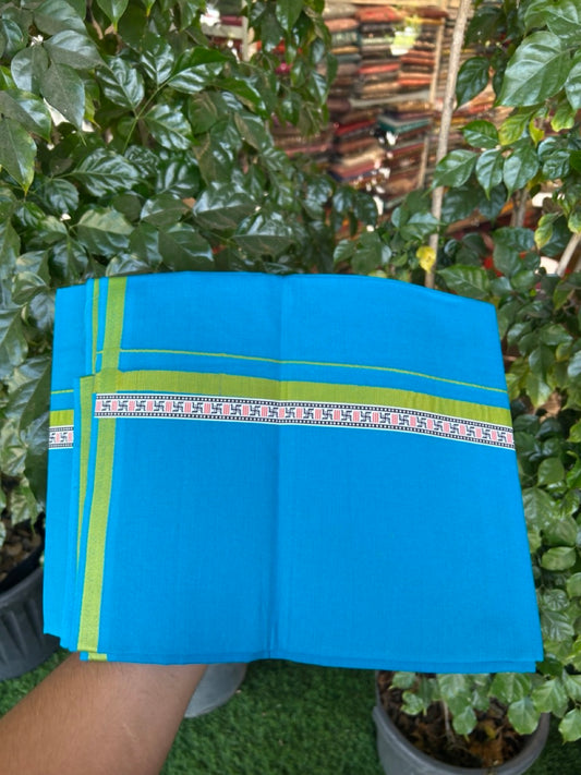 39% Discount! Kaitharikada - Pure Cotton - Single Kaily / Lungi - 1 inch Light Green & Multi colour Pattern Printed kara with Sapphire Blue colour body (2 meter / 4 muzham) - 25 KK8035 GAN