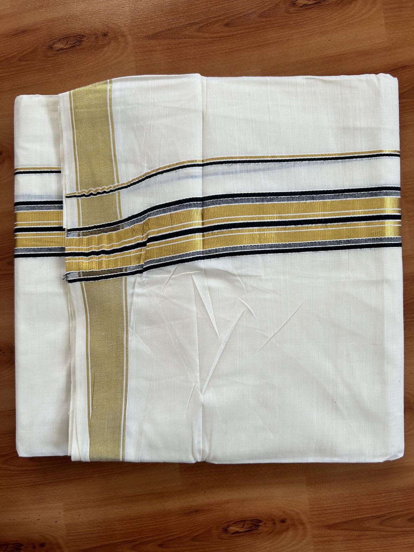 Double Off White - (Unbleached) Mundu/Dhoti - 20% Discount! KaithariKada Balaramapuram Pure Cotton - 80s - 1.5 inch Gold Kasav & Black Striped Kara - 4 mtr (8.5 Muzham) - 21 KK5416 GAN