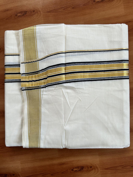 Double Off White - (Unbleached) Mundu/Dhoti - 20% Discount! KaithariKada Balaramapuram Pure Cotton - 80s - 1.5 inch Gold Kasav & Black Striped Kara - 4 mtr (8.5 Muzham) - 21 KK5416 GAN