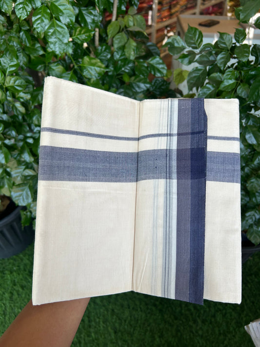 20% DISCOUNT!! KaithariKada Balaramapuram 100%  Cotton OFF WHITE Double - (Unbleached) Mundu/Dhoti - 100X80 - 1.5 inch Purple Ash & Blue Shaded Kara with Stripes - 12 KK5371 VIN
