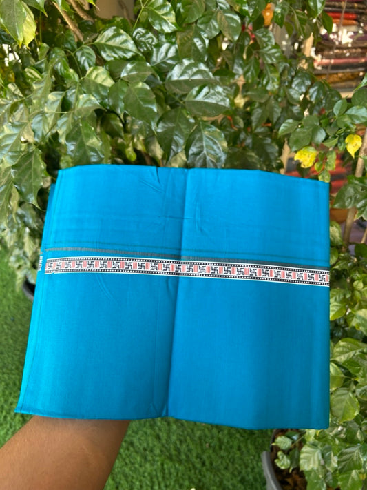 39% Discount! Kaitharikada - Pure Cotton - Single Kaily / Lungi - 0.75 inch Ash Grey & Multi colour Pattern Printed kara with Sapphire Blue colour body (2 meter / 4 muzham) - 24  KK8035 GAN