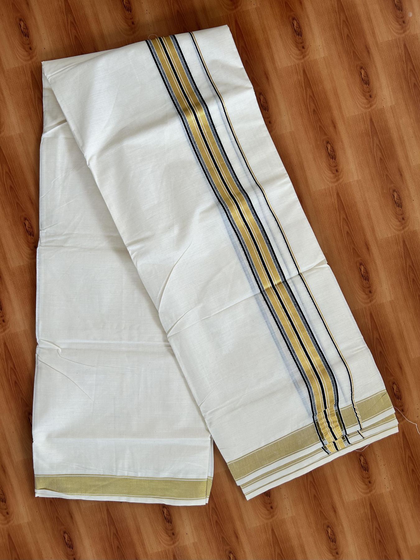 Double Off White - (Unbleached) Mundu/Dhoti - 20% Discount! KaithariKada Balaramapuram Pure Cotton - 80s - 1.5 inch Gold Kasav & Black Striped Kara - 4 mtr (8.5 Muzham) - 21 KK5416 GAN
