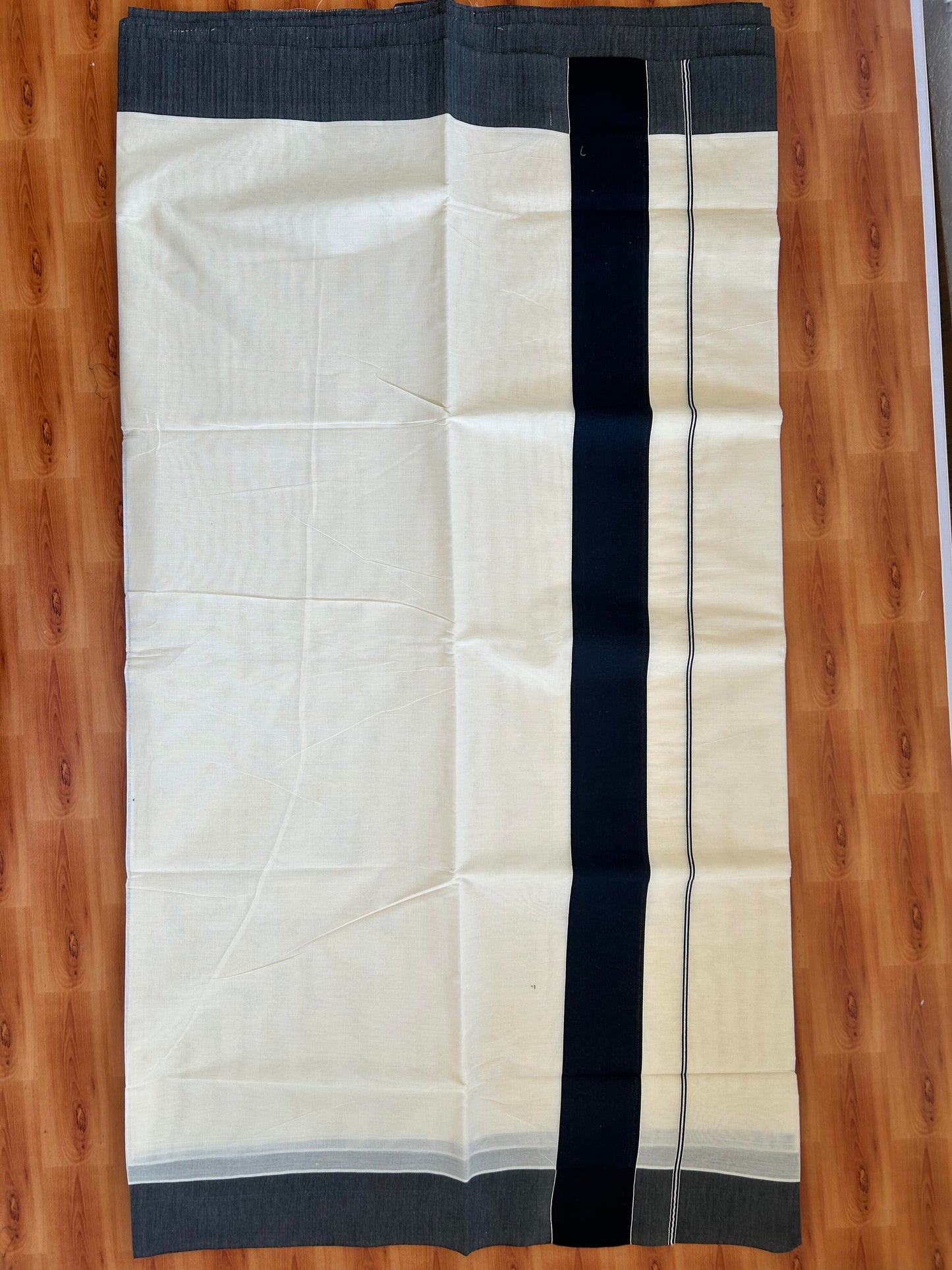 25% Discount! Kaitharikada Kerala Traditional Saree Off white- Mixed Cotton Saree - 3 Inch  Pallu - Black Kara - 43 KK7000 PMC