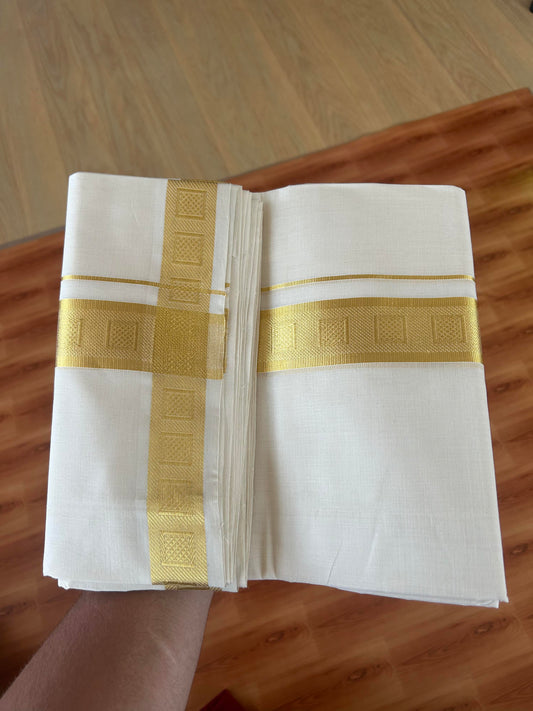 25% Discount ! KaithariKada Handloom Millpaav - Kerala Handloom - 100% Pure Cotton Off White (Unbleached) Double Mundu/Dhoti - 80x90 - 1.75 inch Gold Kasav Jacquard Design Kara 4 mtr (8.5 Muzham) - 21 KK5386 RAM