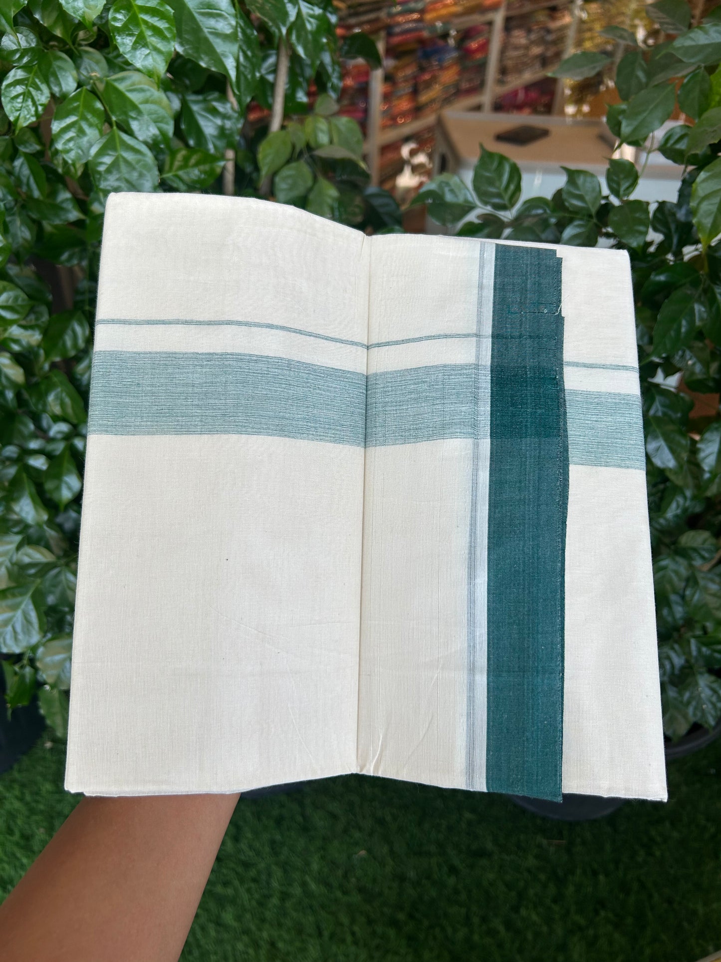 20% Discount ! KaithariKada Balaramapuram 100% Cotton Double Off White (Unbleached) - Mundu / Dhoti- 100x80 -  1.5 inch Dark Green Shaded Kara 4 mtr (8.5 Muzham) - 14 KK5371 VIN