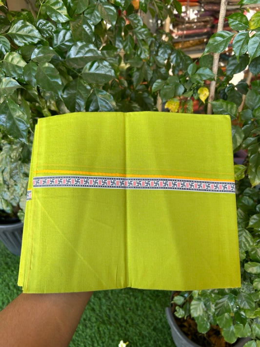 39% Discount! Kaitharikada - Pure Cotton - Single Kaily / Lungi - 0.75 inch Yellow & Multi colour Pattern Printed kara with Parrot Green colour body (2 meter / 4 muzham) - 23 KK8035 GAN