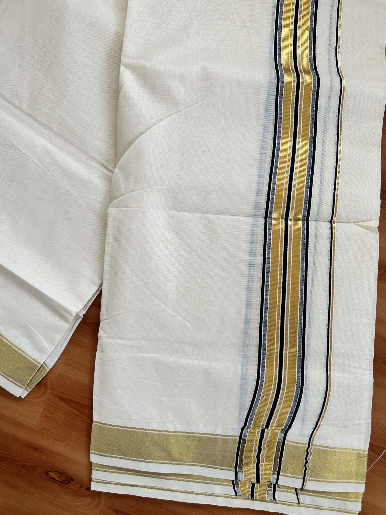 Double Off White - (Unbleached) Mundu/Dhoti - 20% Discount! KaithariKada Balaramapuram Pure Cotton - 80s - 1.5 inch Gold Kasav & Black Striped Kara - 4 mtr (8.5 Muzham) - 21 KK5416 GAN