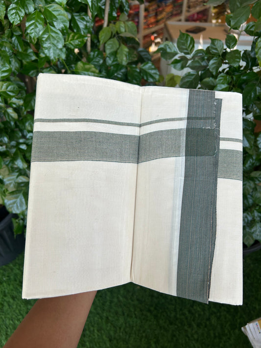 20% Discount ! KaithariKada Balaramapuram 100% Cotton Double Off White (Unbleached) - Mundu / Dhoti- 100x80 -  1.5 inch Green & Light Brown Stripes Kara 4 mtr (8.5 Muzham) - 20 KK5371 VIN
