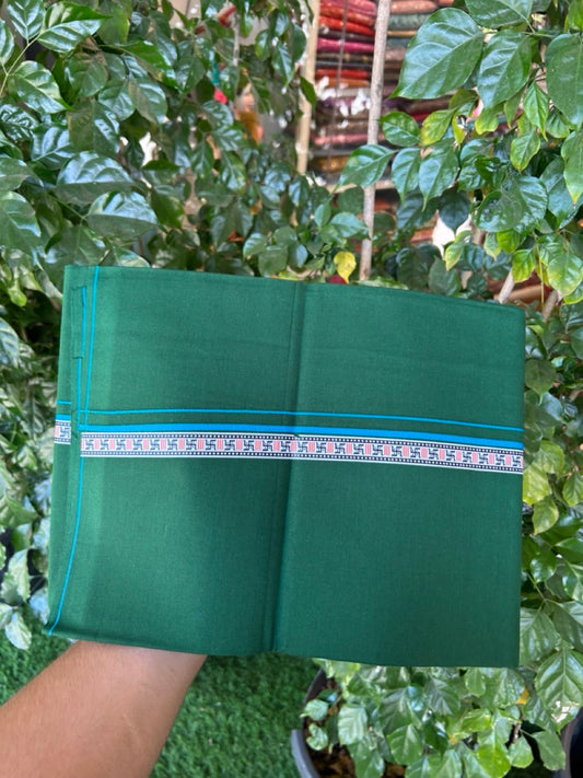 39% Discount! Kaitharikada - Pure Cotton - Single Kaily / Lungi - 0.75 inch Sky Blue & Multi colour Pattern Printed kara with Bottle Green colour body (2 meter / 4 muzham) - 26 KK8035 GAN