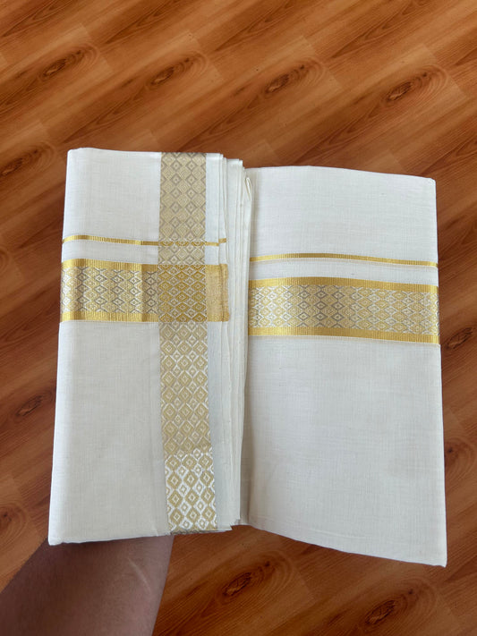 25% Discount ! KaithariKada Handloom Millpaav - Kerala Handloom - 100% Pure Cotton Off White (Unbleached) Double Mundu/Dhoti - 80x90 - 1.75 inch Gold & Silver Kasav Jacquard Design Kara 4 mtr (8.5 Muzham) - 23 KK5386 RAM