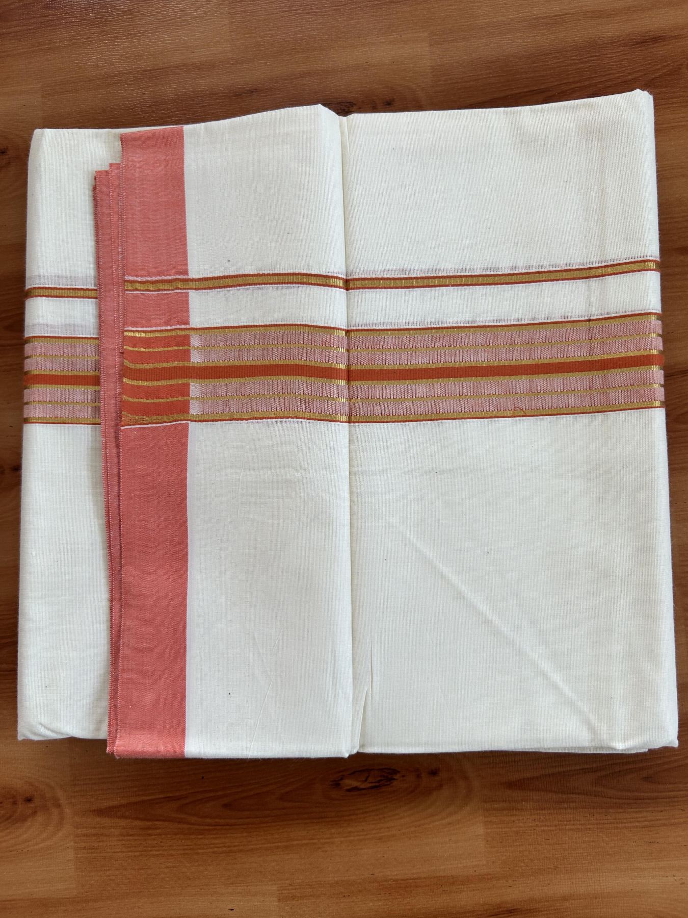 Double Off White - (Unbleached) Mundu/Dhoti - 20% Discount! KaithariKada Balaramapuram Pure Cotton - 60s - 1.5 inch Gold Kasav & Peach Orange Striped Kara - 4 mtr (8.5 Muzham) - 9 KK5416 GAN