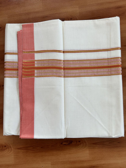 Double Off White - (Unbleached) Mundu/Dhoti - 20% Discount! KaithariKada Balaramapuram Pure Cotton - 80s - 1.5 inch Gold Kasav & Peach Orange Striped Kara - 4 mtr (8.5 Muzham) - 9 KK5416 GAN