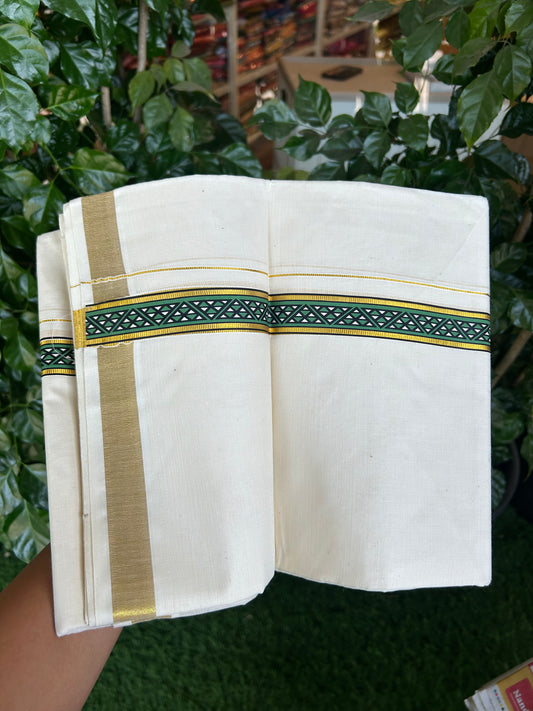 20% Discount!! KaithariKada Balaramapuram 100% Cotton Double Off White - (Unbleached) Mundu/Dhoti (60s) - 2 inch Gold Kasav Green & Black Triangle Printed Design Kara - 18 KK5371 GAN