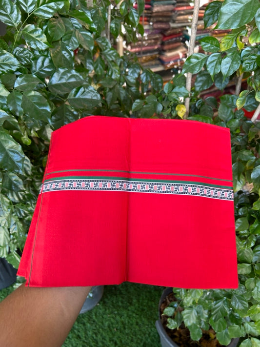 39% Discount! Kaitharikada - Pure Cotton - Single Kaily / Lungi - 0.75 inch Green & Multi colour Pattern Printed kara with Red colour body (2 meter / 4 muzham) - 40 KK8035 GAN