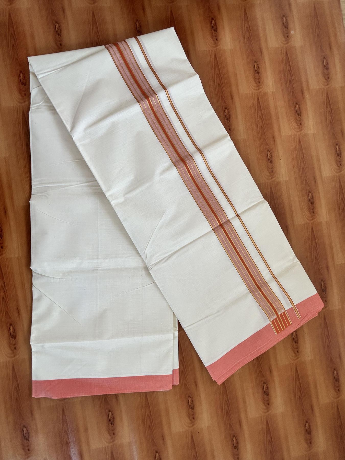 Double Off White - (Unbleached) Mundu/Dhoti - 20% Discount! KaithariKada Balaramapuram Pure Cotton - 60s - 1.5 inch Gold Kasav & Peach Orange Striped Kara - 4 mtr (8.5 Muzham) - 9 KK5416 GAN