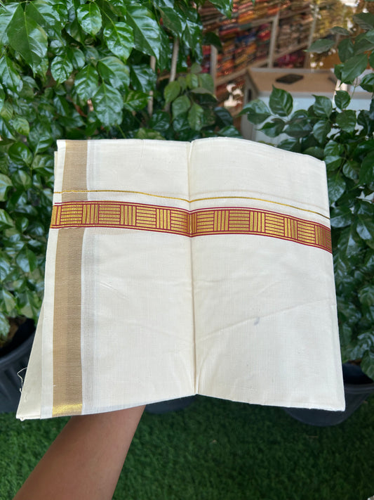 20% Discount!! KaithariKada Balaramapuram 100% Cotton Double Off White - (Unbleached) Mundu/Dhoti (60s) - 1 inch Gold Kasav & Dark Magenta Pattern Printed Kara - 19 KK5371 GAN