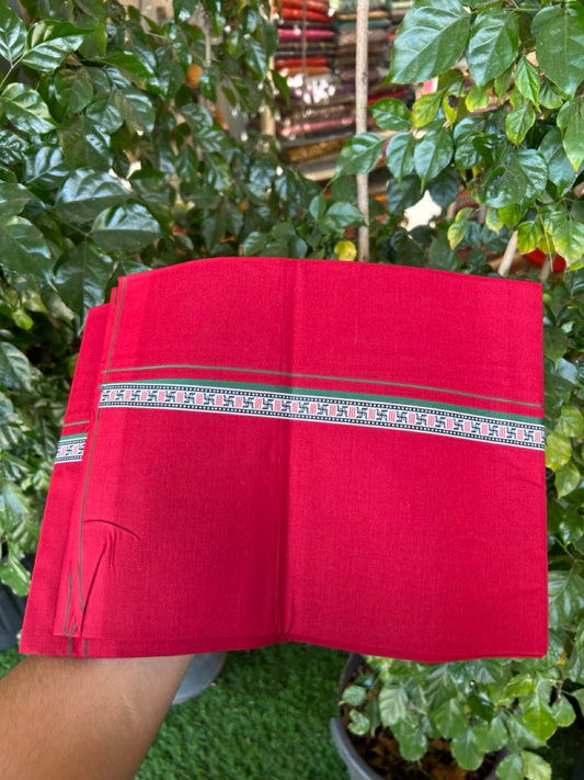 39% Discount! Kaitharikada - Pure Cotton - Single Kaily / Lungi - 0.75 inch Green & Multi colour Pattern Printed kara with Maroon colour body (2 meter / 4 muzham) - 39 KK8035 GAN