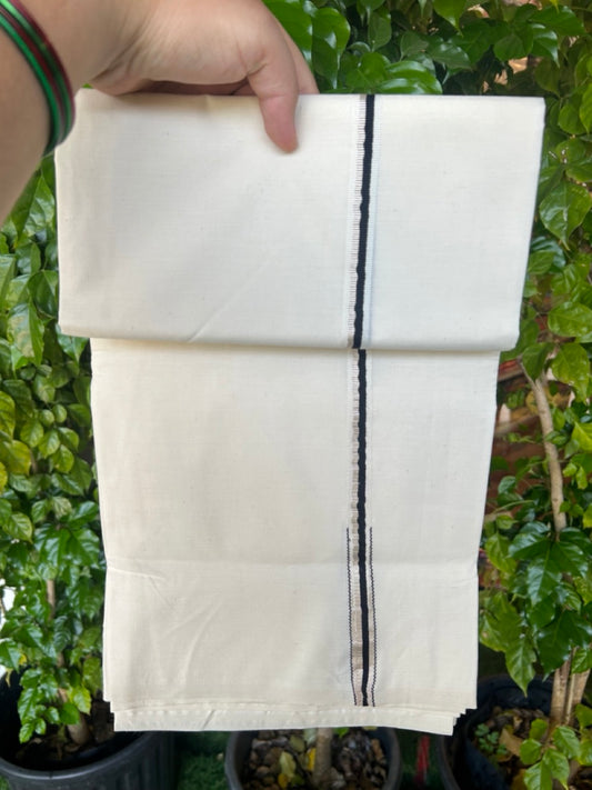 20% Discount!! KaithariKada Balaramapuram 100% COTTON SINGLE OFF WHITE - (Unbleached) Mundu/Dhoti - 100X100 - 1.5 cm Black & Silver Puliyilakkara Chutty Kara(2 meter / 4 muzham) - 2KK5207ASH