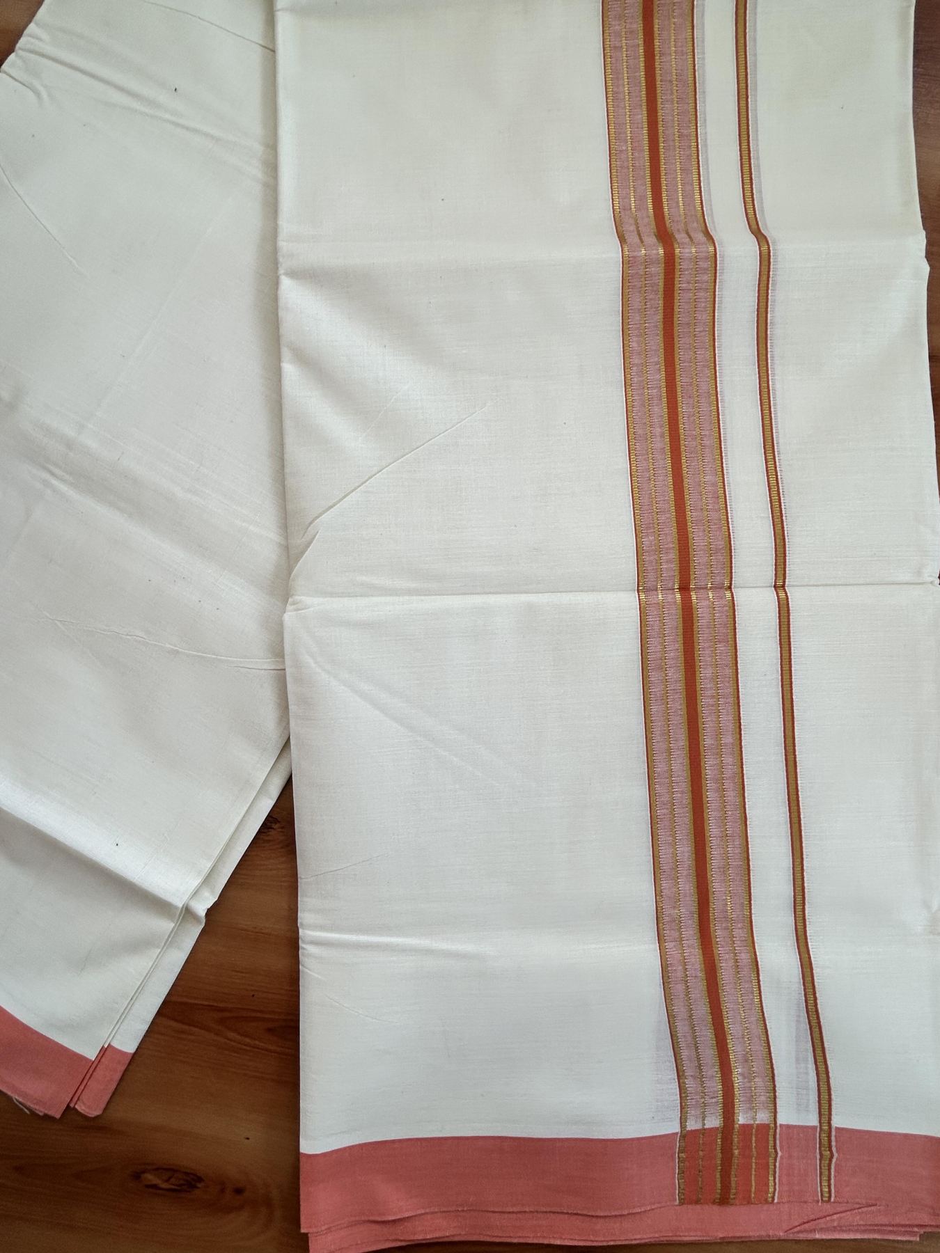 Double Off White - (Unbleached) Mundu/Dhoti - 20% Discount! KaithariKada Balaramapuram Pure Cotton - 60s - 1.5 inch Gold Kasav & Peach Orange Striped Kara - 4 mtr (8.5 Muzham) - 9 KK5416 GAN