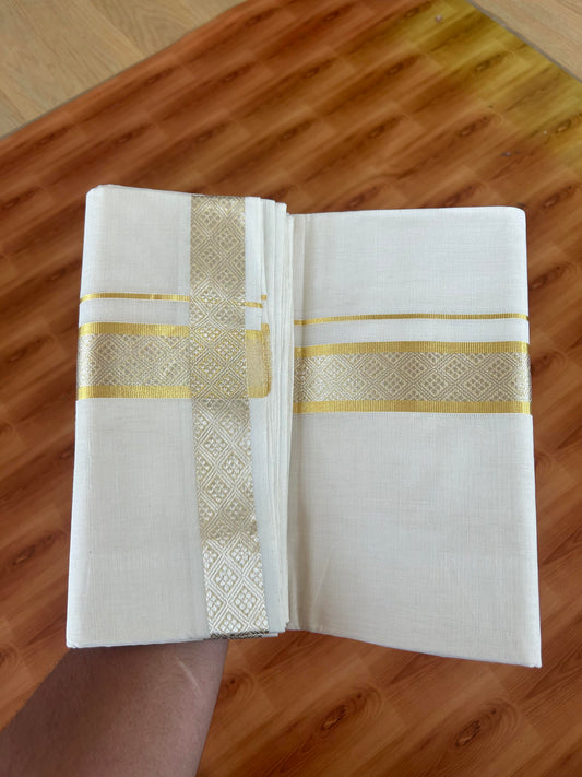 25% Discount ! KaithariKada Handloom Millpaav - Kerala Handloom - 100% Pure Cotton Off White (Unbleached) Double Mundu/Dhoti - 80x90 - 1.75 inch Gold & Silver Kasav Jacquard Design Kara 4 mtr (8.5 Muzham) - 22 KK5386 RAM
