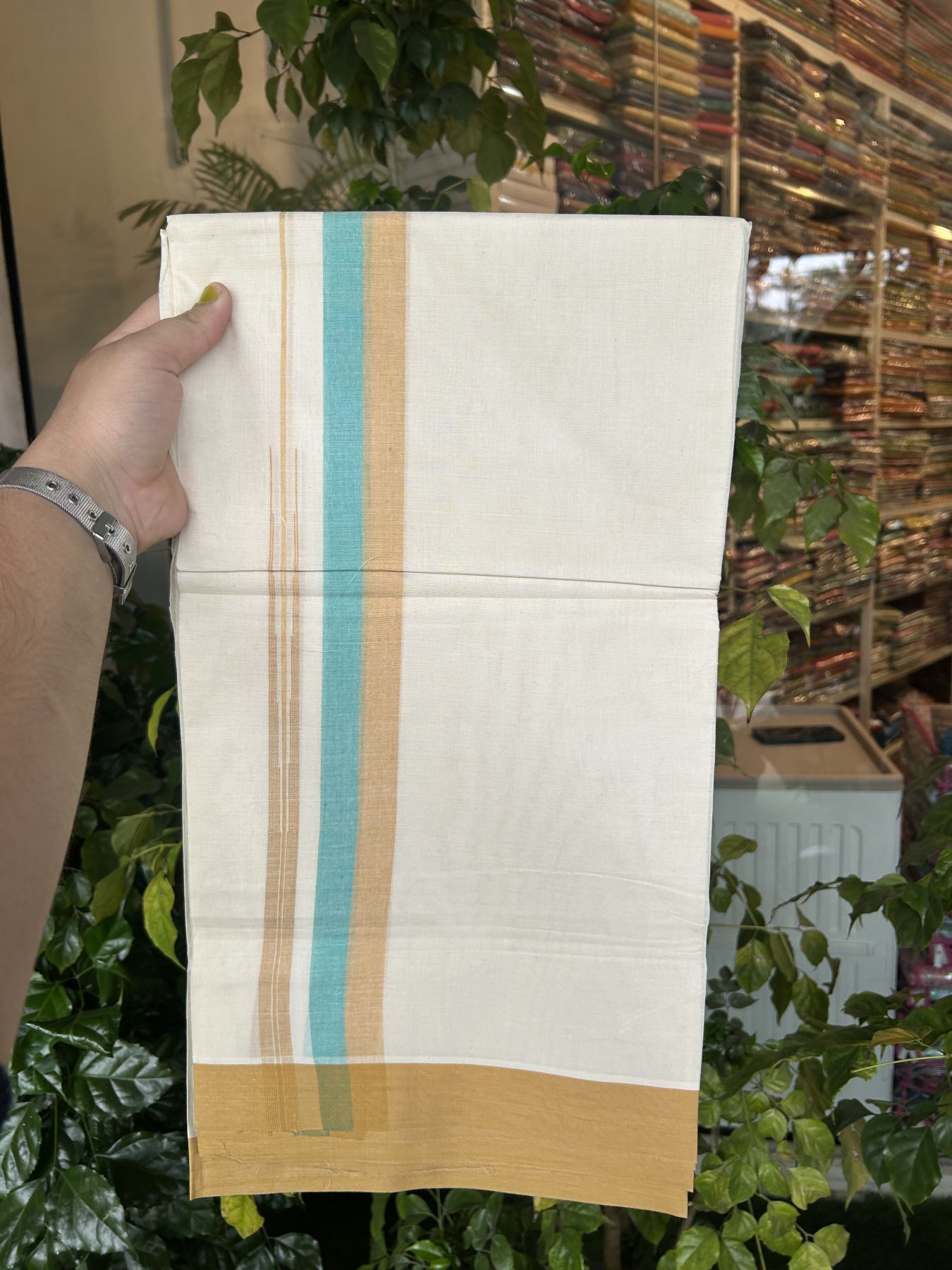 20% Discount ! Kaitharikada Balaramapuram 100% Pure Cotton Double Off white (Unbleached) Mundu/Dhoti - 100x80 - 1.5 inch Orange Brown & Turquoise Green Shaded Stripes Chutty Kara 3.90 mtr (8 muzham) - 26 KK5313 PMC