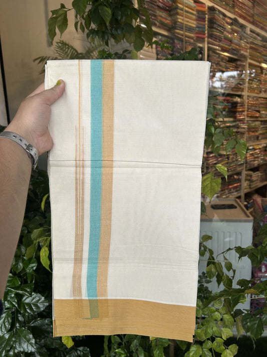 20% Discount ! Kaitharikada Balaramapuram 100% Pure Cotton Double Off white (Unbleached) Mundu/Dhoti - 100x80 - 1.5 inch Orange Brown & Turquoise Green Shaded Stripes Chutty Kara 3.90 mtr (8 muzham) - 26 KK5313 PMC