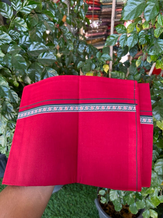 39% Discount! Kaitharikada - Pure Cotton - Single Kaily / Lungi - 0.75 inch Dark Green & Multi colour Pattern Printed kara with Maroon colour body (2 meter / 4 muzham) - 38 KK8035 GAN