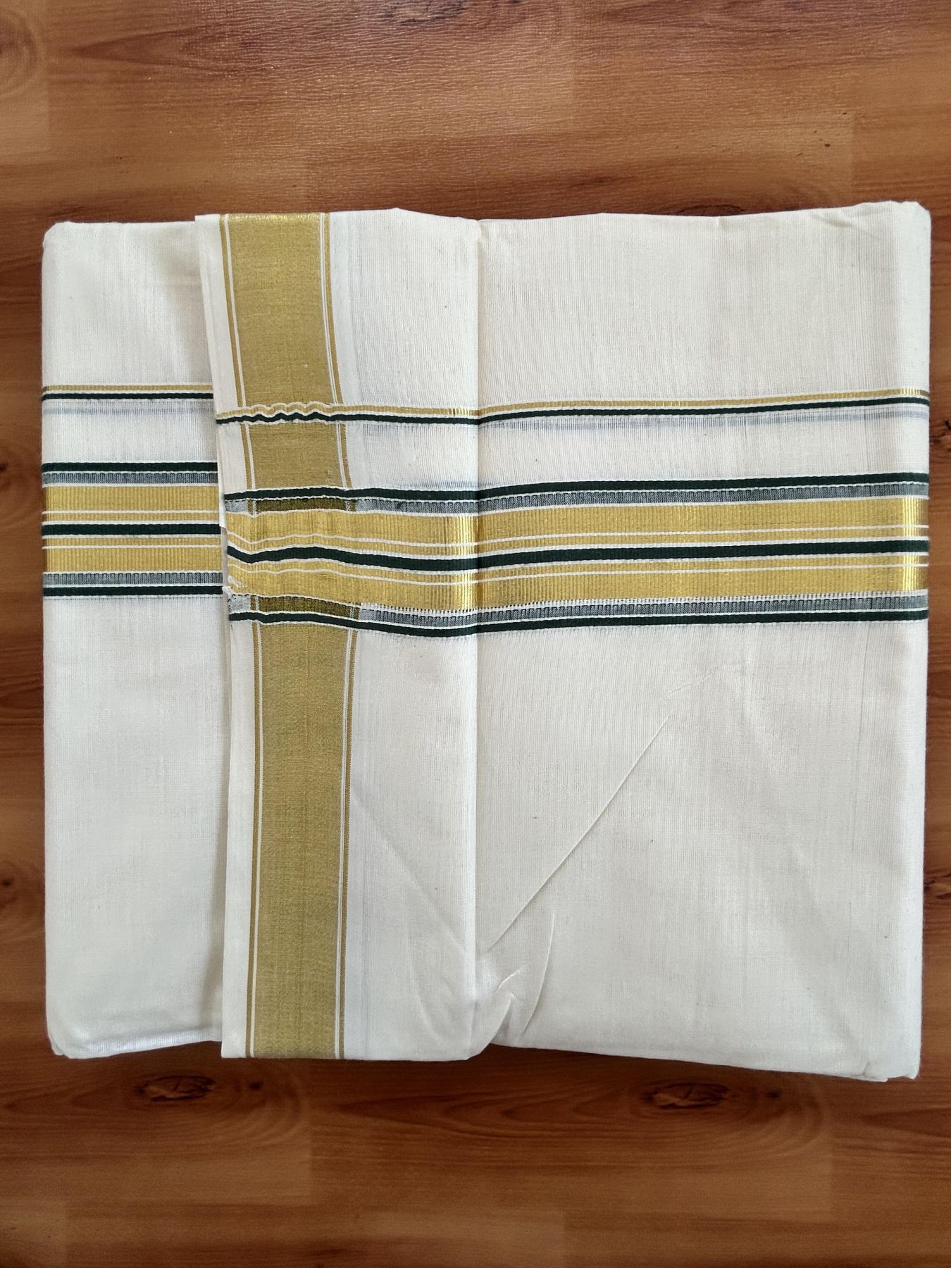 Double Off White - (Unbleached) Mundu/Dhoti - 20% Discount! KaithariKada Balaramapuram Pure Cotton - 80s - 1.5 inch Gold Kasav & Green Striped Kara - 4 mtr (8.5 Muzham) - 23 KK5416 GAN