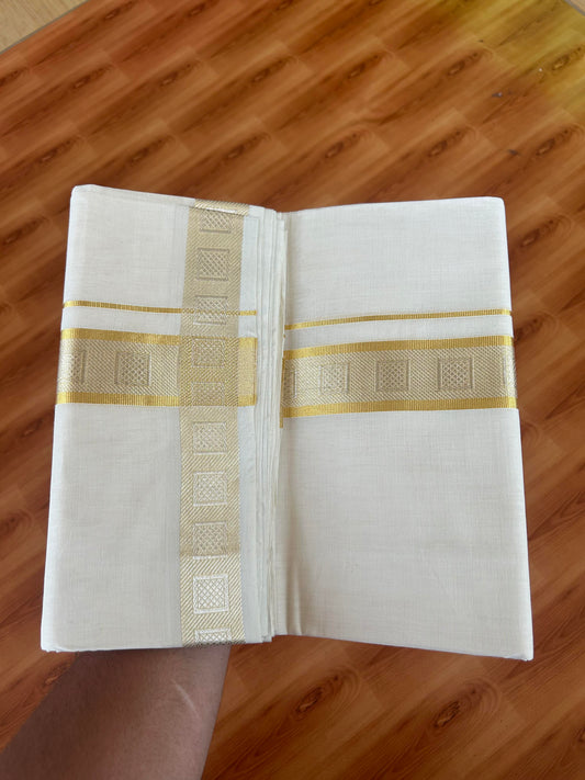 25% Discount ! KaithariKada Handloom Millpaav - Kerala Handloom - 100% Pure Cotton Off White (Unbleached) Double Mundu/Dhoti - 80x90 - 1.75 inch Gold & Silver Kasav Jacquard Design Kara 4 mtr (8.5 Muzham) -  25 KK5386 RAM