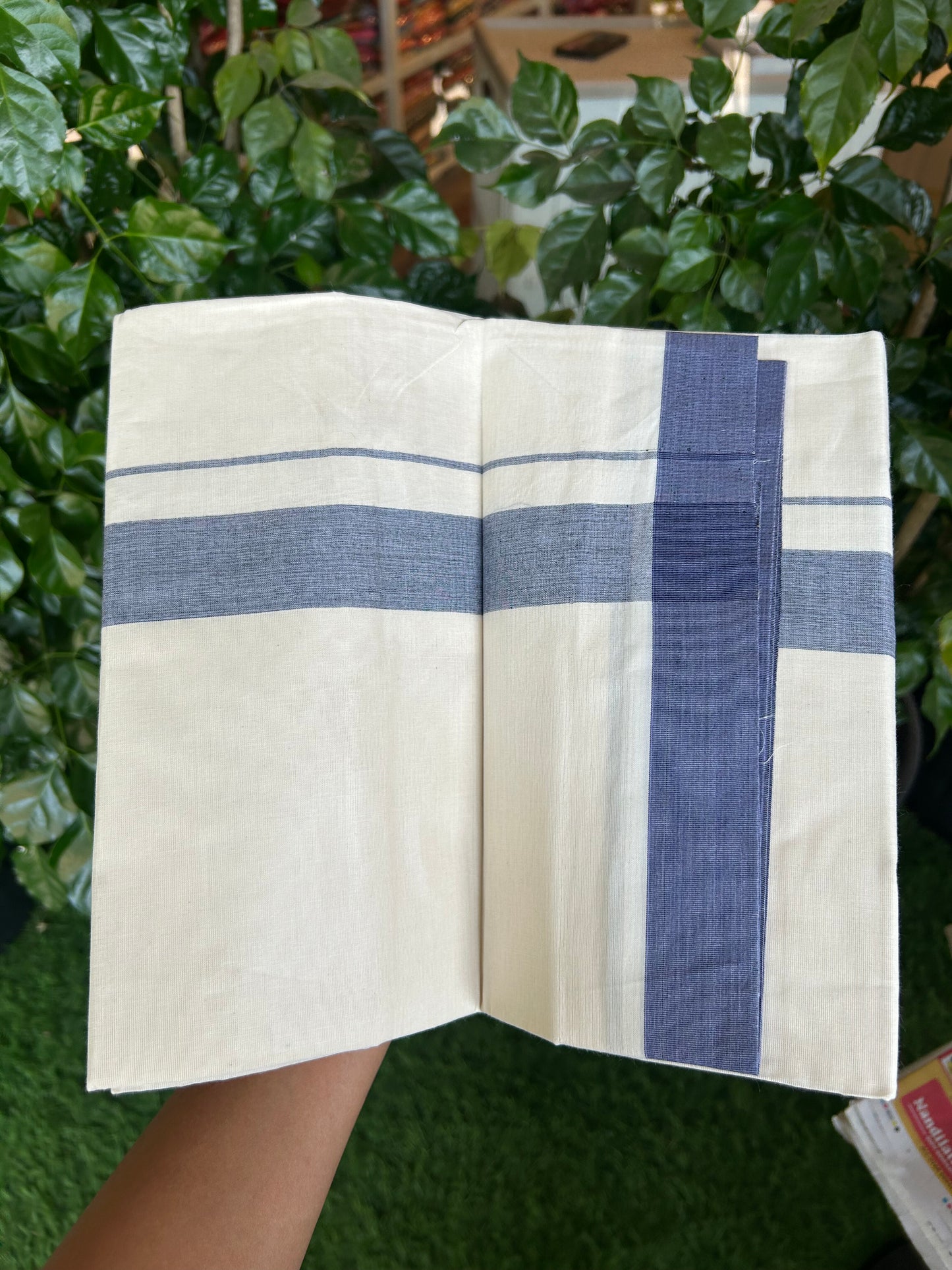 20% Discount ! KaithariKada Balaramapuram 100% Cotton Double Off White (Unbleached) - Mundu / Dhoti- 100x80 -  1.5 inch Black & Blue Shaded Kara 4 mtr (8.5 Muzham) - 12 KK5371 VIN