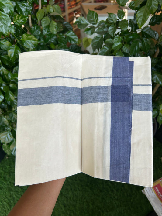 20% Discount ! KaithariKada Balaramapuram 100% Cotton Double Off White (Unbleached) - Mundu / Dhoti- 100x80 -  1.5 inch Black & Blue Shaded Kara 4 mtr (8.5 Muzham) - 12 KK5371 VIN