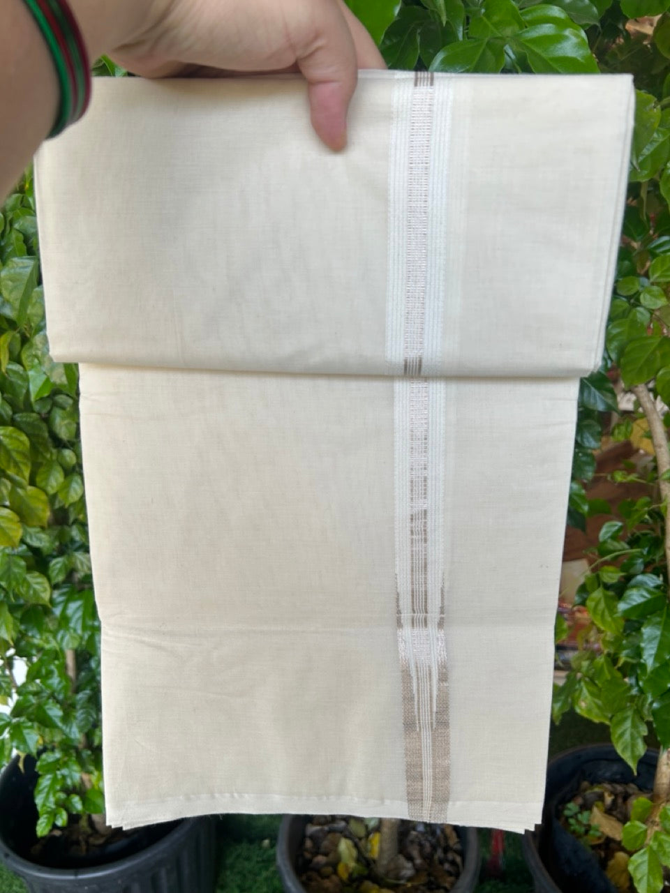 20% Discount! KaithariKada Balaramapuram 100% Cotton Double Off white - (Unbleached) Mundu/Dhoti-(100X100)- 0.75 inch Puliyilakkara Silver Striped Chutty Kara- 5KK5207ASH