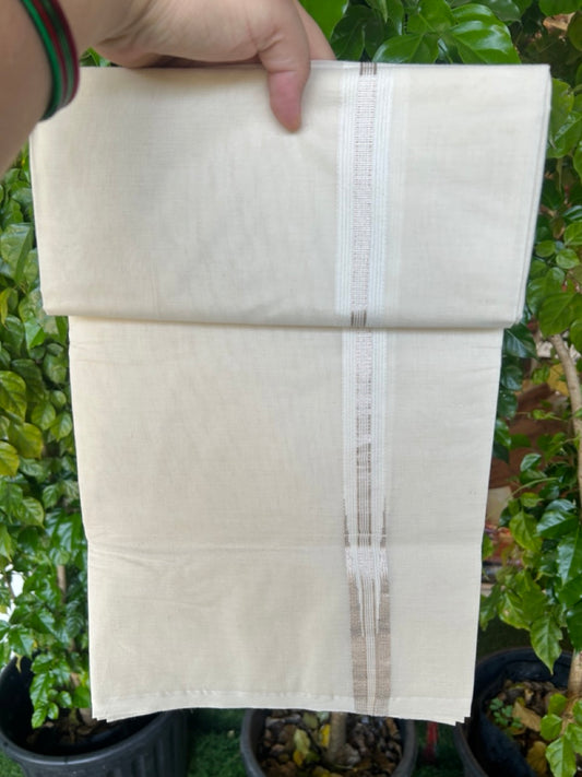 20% Discount! KaithariKada Balaramapuram 100% Cotton Double Off white - (Unbleached) Mundu/Dhoti-(100X100)- 0.75 inch Puliyilakkara Silver Striped Chutty Kara- 5KK5207ASH