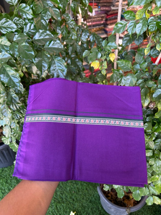 39% Discount! Kaitharikada - Pure Cotton - Single Kaily / Lungi - 1 inch Bottle Green & Multi colour Pattern Printed kara with Deep Violet colour body (2 meter / 4 muzham) - 19 KK8035 GAN