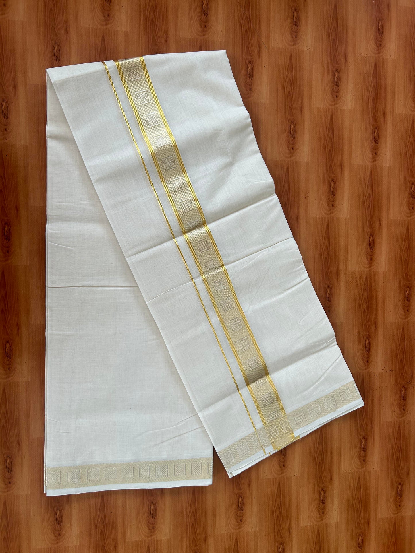 25% Discount ! KaithariKada Handloom Millpaav - Kerala Handloom - 100% Pure Cotton Off White (Unbleached) Double Mundu/Dhoti - 80x90 - 1.75 inch Gold & Silver Kasav Jacquard Design Kara 4 mtr (8.5 Muzham) -  25 KK5386 RAM
