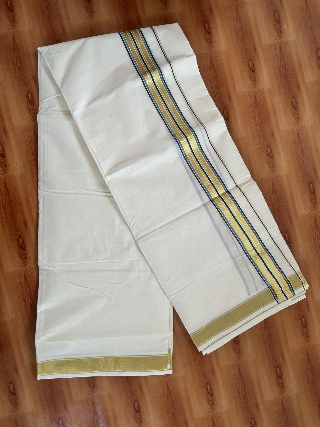 Double Off White - (Unbleached) Mundu/Dhoti - 20% Discount! KaithariKada Balaramapuram Pure Cotton - 80s - 1.5 inch Gold Kasav & Green Striped Kara - 4 mtr (8.5 Muzham) - 23 KK5416 GAN