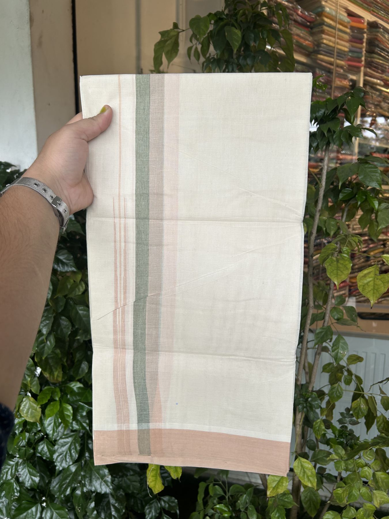 20% Discount ! Kaitharikada Balaramapuram 100% Pure Cotton Double Off white (Unbleached) Mundu/Dhoti - 100x80 - 1.25 inch Cream & Green Shaded Stripes Chutty Kara 3.90 mtr (8 muzham) - 25 KK5313 PMC