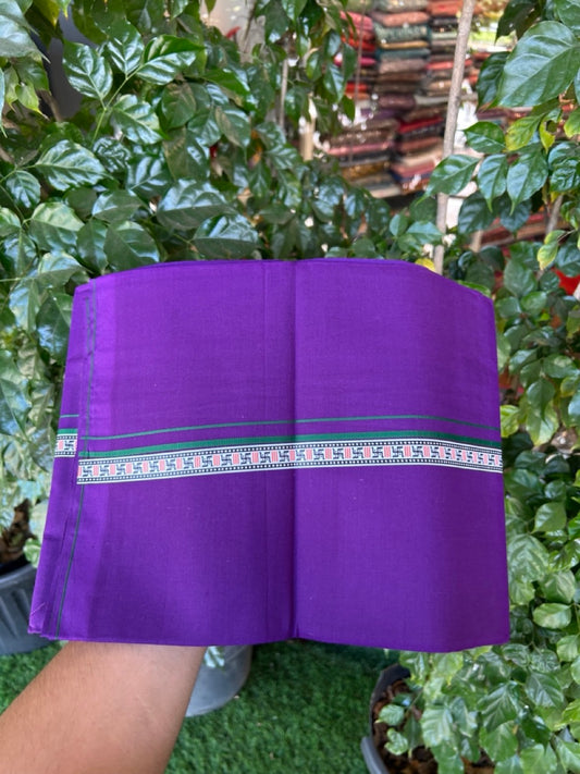 39% Discount! Kaitharikada - Pure Cotton - Single Kaily / Lungi - 1 inch Green & Multi colour Pattern Printed kara with Deep Violet colour body (2 meter / 4 muzham) - 22 KK8035 GAN