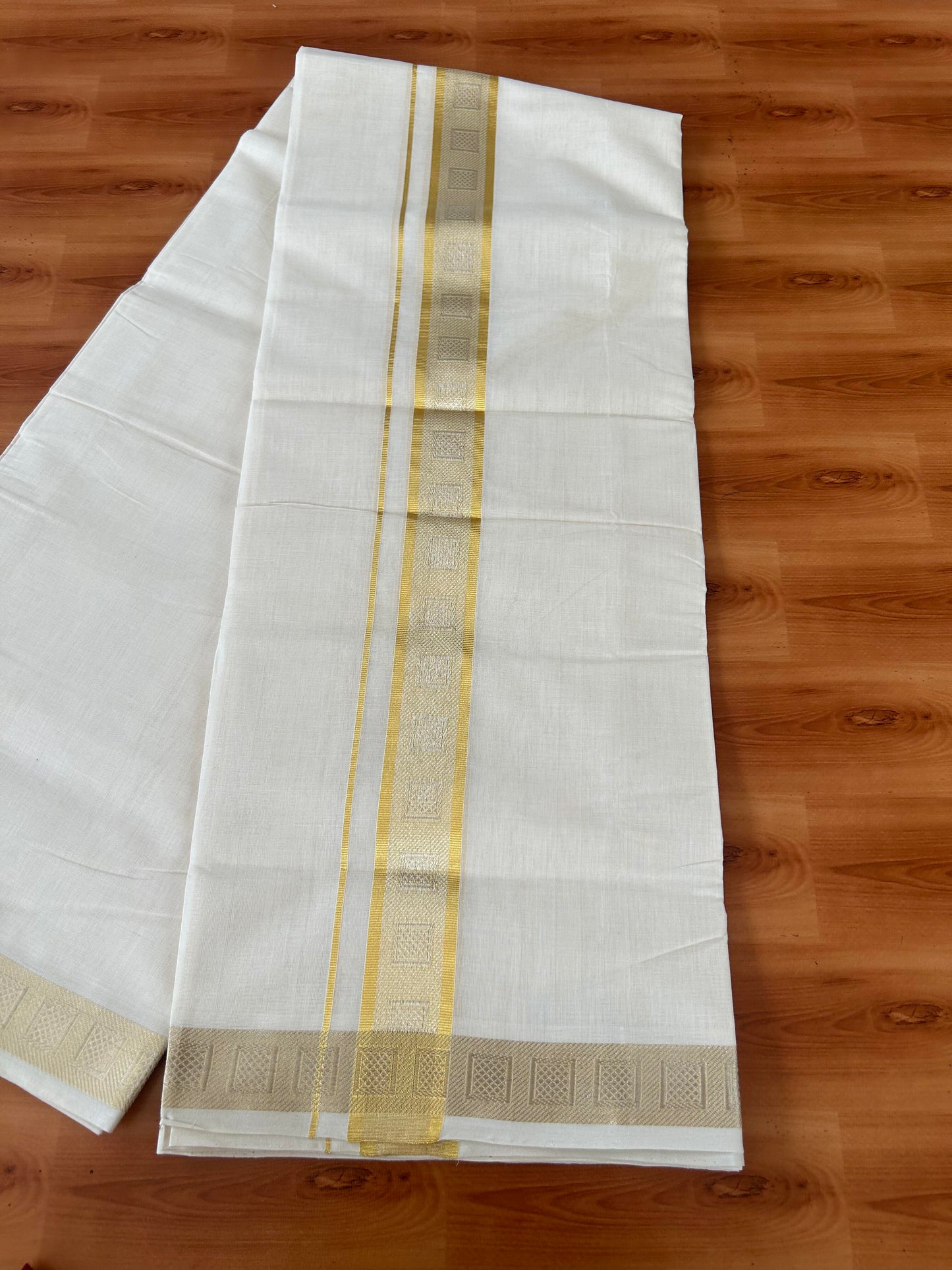 25% Discount ! KaithariKada Handloom Millpaav - Kerala Handloom - 100% Pure Cotton Off White (Unbleached) Double Mundu/Dhoti - 80x90 - 1.75 inch Gold & Silver Kasav Jacquard Design Kara 4 mtr (8.5 Muzham) -  25 KK5386 RAM