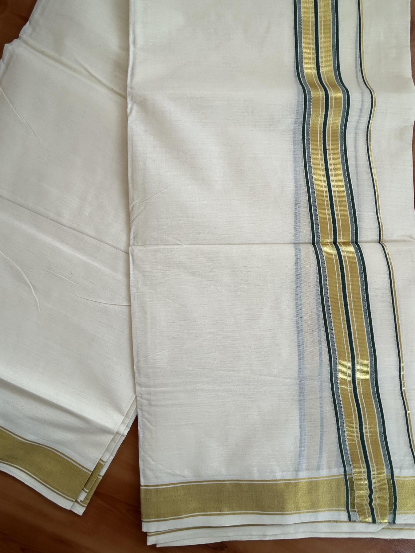 Double Off White - (Unbleached) Mundu/Dhoti - 20% Discount! KaithariKada Balaramapuram Pure Cotton - 80s - 1.5 inch Gold Kasav & Green Striped Kara - 4 mtr (8.5 Muzham) - 23 KK5416 GAN