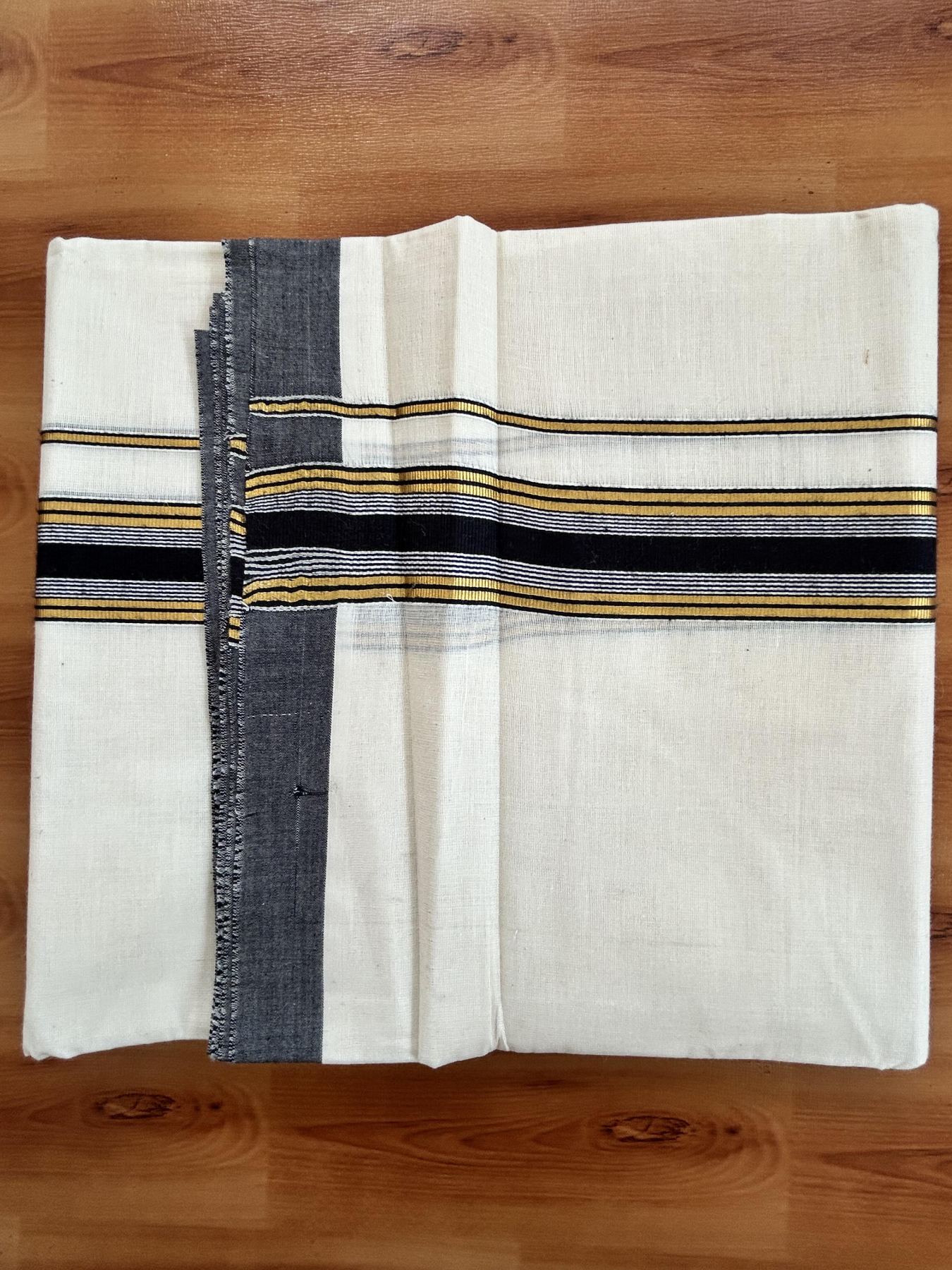 Double Off White - (Unbleached) Mundu/Dhoti - 20% Discount! KaithariKada Balaramapuram Pure Cotton - 80s - 1.5 inch Gold Kasav & Black Striped Kara - 4 mtr (8.5 Muzham) - 17 KK5416 GAN