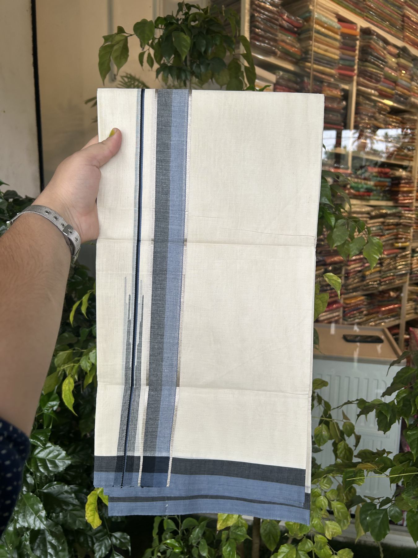 20% Discount ! Kaitharikada Balaramapuram 100% Pure Cotton Double Off white (Unbleached) Mundu/Dhoti - 100x80 - 1.5 inch Silver Kasav Black & Ash Blue Shaded Stripes Chutty Kara 3.90 mtr (8 muzham) - 43 KK5313 PMC