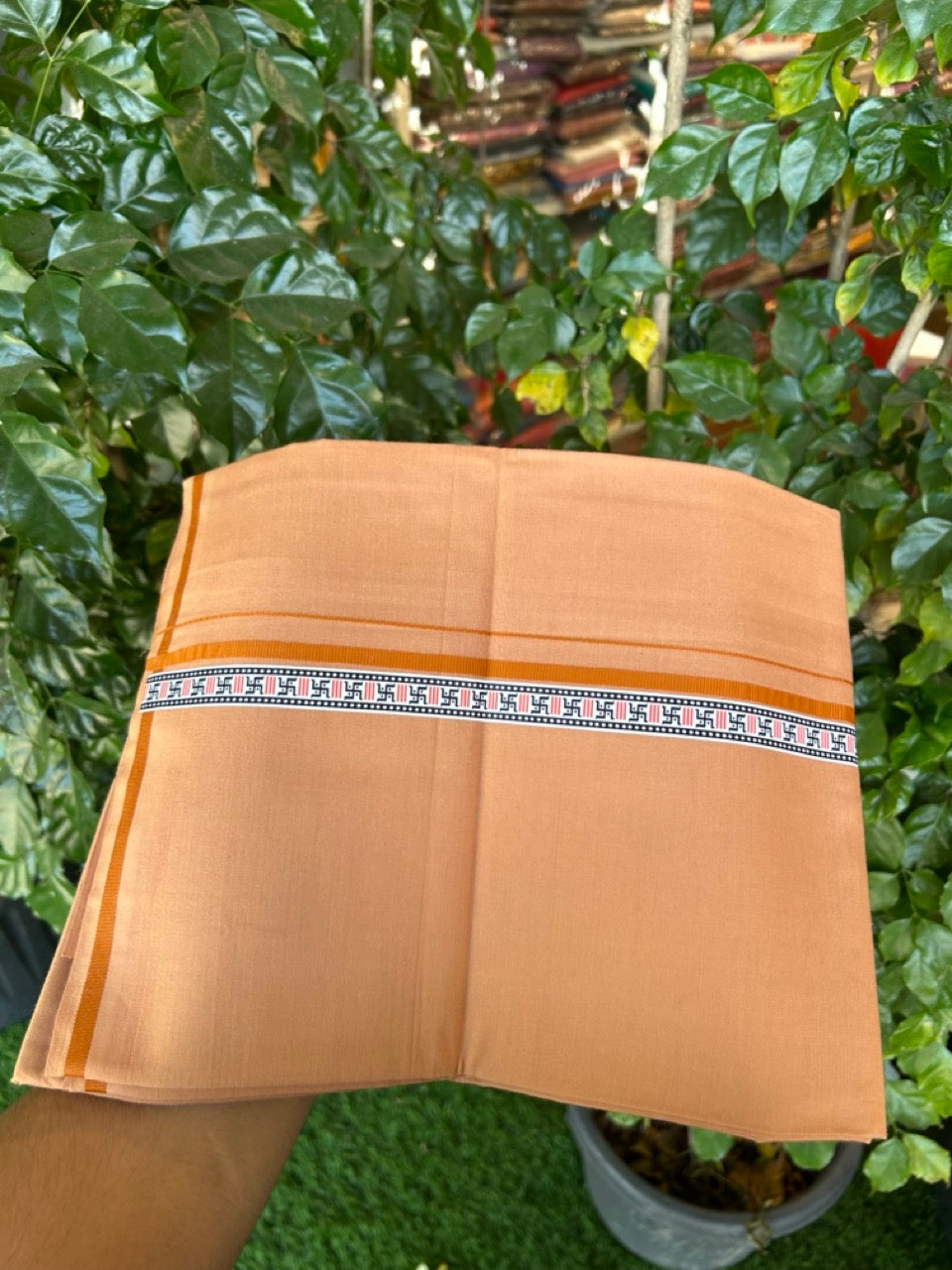 39% Discount! Kaitharikada - Pure Cotton - Single Kaily / Lungi - 0.75 inch Orange & Multi colour Pattern Printed kara with Light kavi colour body (2 meter / 4 muzham) - 34 KK8035 GAN