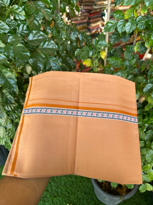 39% Discount! Kaitharikada - Pure Cotton - Single Kaily / Lungi - 0.75 inch Orange & Multi colour Pattern Printed kara with Light kavi colour body (2 meter / 4 muzham) - 34 KK8035 GAN